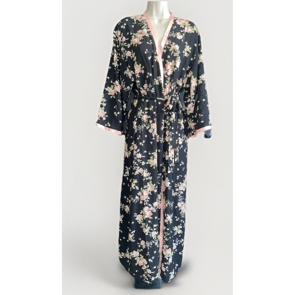 Vintage Y2K Oscar De La Renta Pink Label Black Floral Belted Robe L XL Cottage